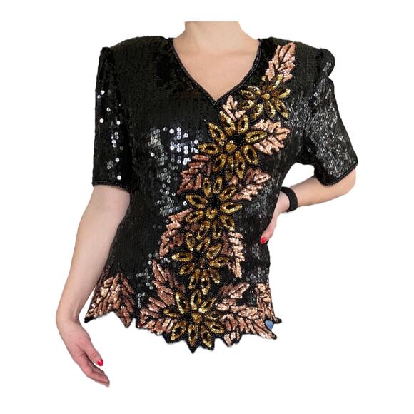 Vintage Stenay Sequenced Silk Black rose gold short sleeved formal top size XL - Picture 2 of 15